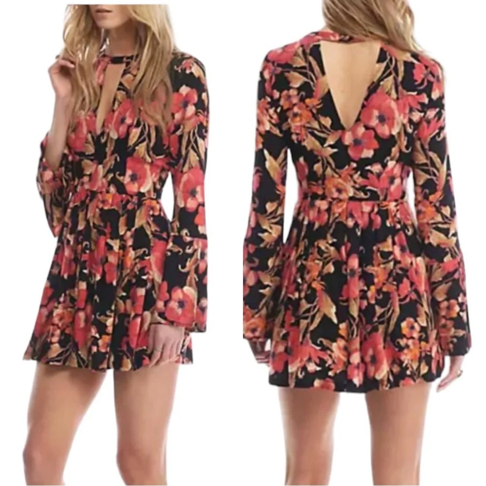 FREE PEOPLE: Tegan Black Floral Long Sleeve Mini Dress -Size 4